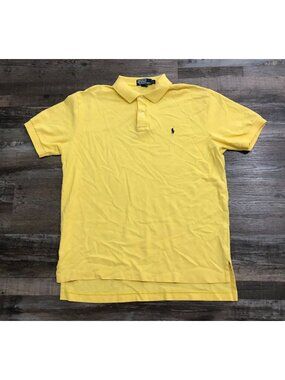 Polo Ralph Lauren Mens Large Yellow Short Sleeve Polo Shirt Navy Blue Pony